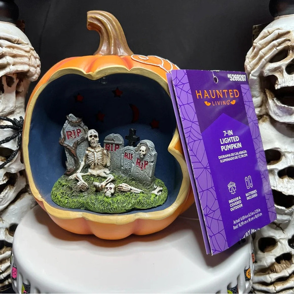 Halloween 7" Color Changing Spooky Skeleton Graveyard Scene Spiderweb Pumpkin - Picture 3 of 15